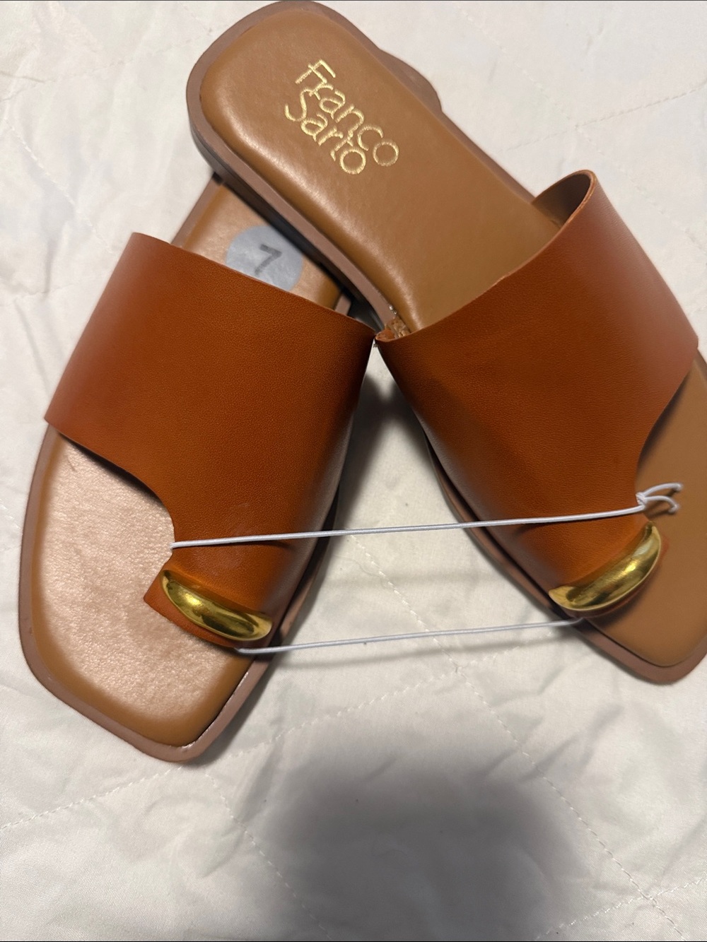 Franco Sarto Cognac Leather Slide Sandals with Gold Accent